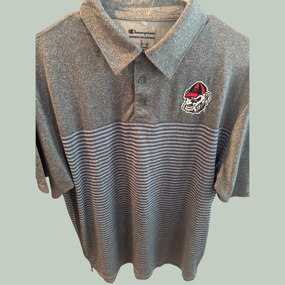 Champion Georgia Bulldogs Mens Grey Striped Polo Shirt UGA Mascot NWT